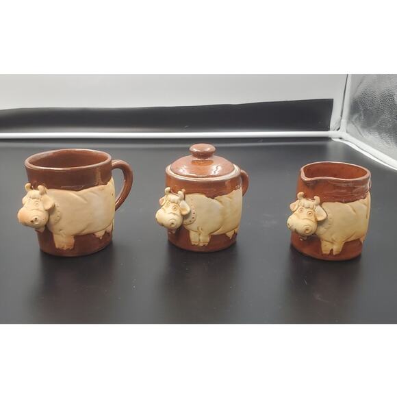 VTG Trifles, Japan, Cow/Steer Brown Stoneware Set 3 Piece Creamer, Sugar & Mug - Picture 1 of 5